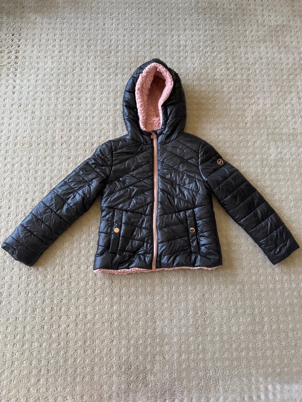 NWOT Michael Kors Girls' Black Chevron Puffer Jacket With Pink Lining, Size 7/8